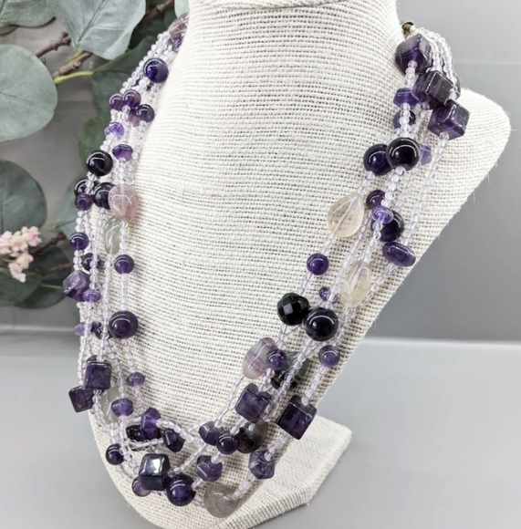 Amethyst 925 STERLING SILVER Cluster Multi Strand BIB Purple Necklace 18" TESTED - Picture 2 of 7